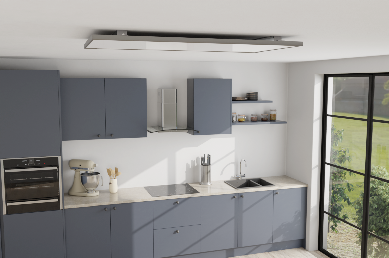 Frame Line IR Tak Värmare i Köket. Takvärmare. Effektiv och platssparrande infraröd takvärmare i diskret design, lämplig för små och möblerade rum, lätt att installera för bekväm värme i hemmet.